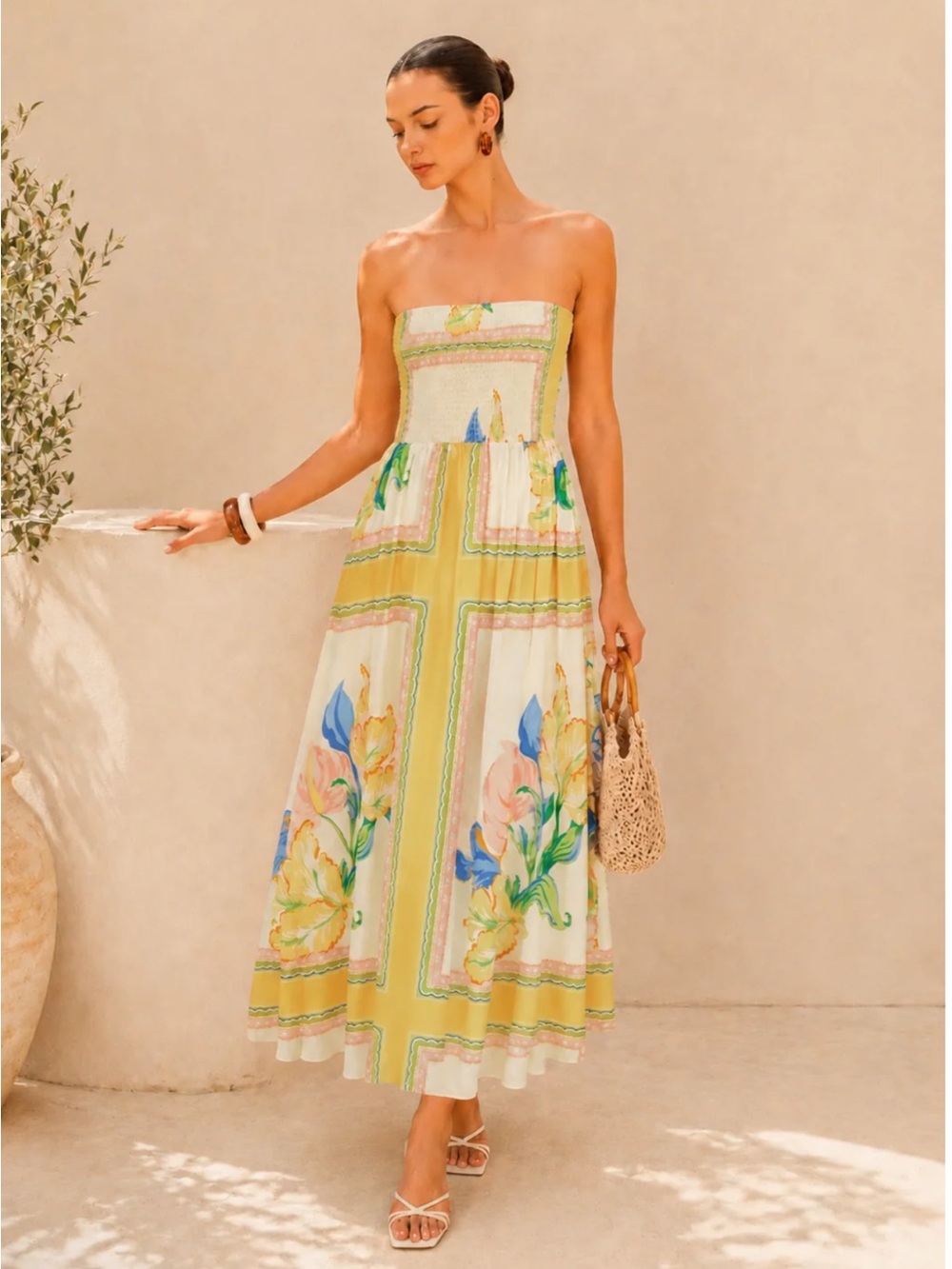 Commense Strapless Floral Midi Dress in Yellow and White